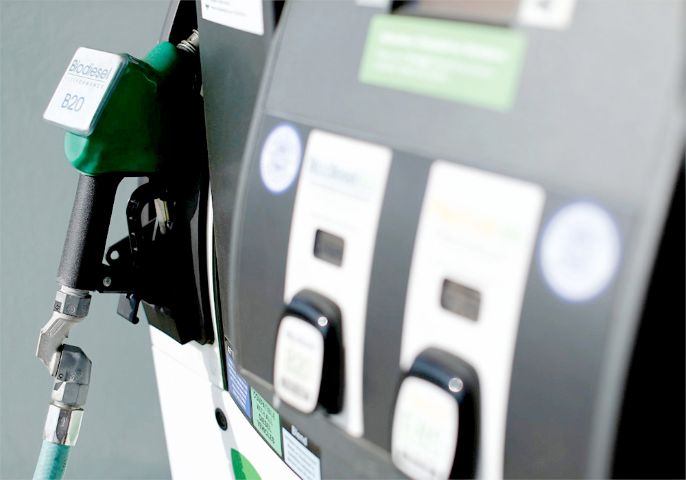 A commercial fuel pump showing the label, "Biodiesel" on the fuel pump's nozzle.