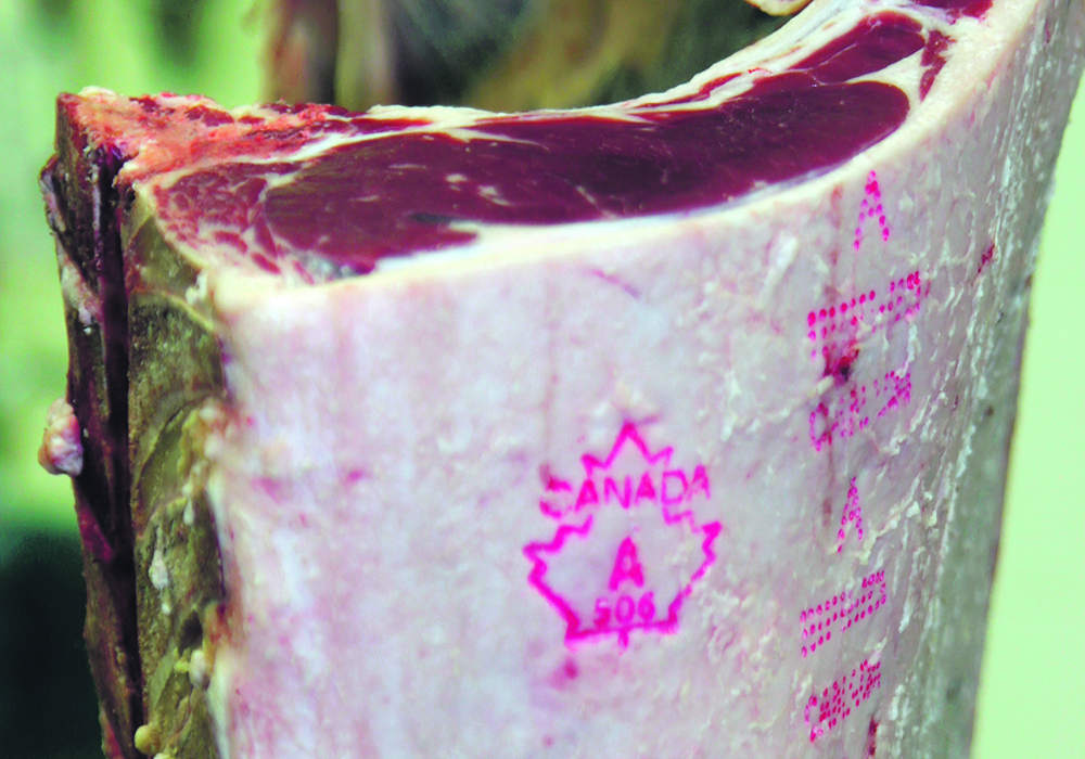 A "grade 'A'" meat inspection stamp is visible on a side of beef.