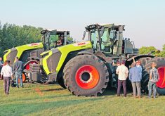 The Claas Xerion 12 series tractor was designed to compete in the large air seeder tractor market in Canada and the United States.  The tractors come with up to 653 maximum horsepower, 140 gallons per minute hydraulic flow, a four-range CVT transmission and 30 inch or 36 inch track or 800/70 R 42 duals.  |  Robin Booker photo
