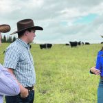 Andrea Brocklebank, executive director of the Beef Cattle Research Council, talks to Francis Drouin, left, parliamentary secretary to federal agriculture minister Marie-Claude Bibeau, and Kody Blois, chair of the House of Commons agriculture committee, during a recent visit to her ranch. | Canadian Cattle Association photo