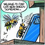 A pair of bees use a smart phone to swipe through, looking for a queen a la Tinder