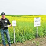 Derek Derdall of Nutrien talks about his canola trials at the Canada-Saskatchewan Irrigation Diversification Centre in Outlook, Sask., earlier in July 2023.