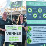 A picture of a man and woman holding up a "Winner" sign in from of an infographic explaining how their app works