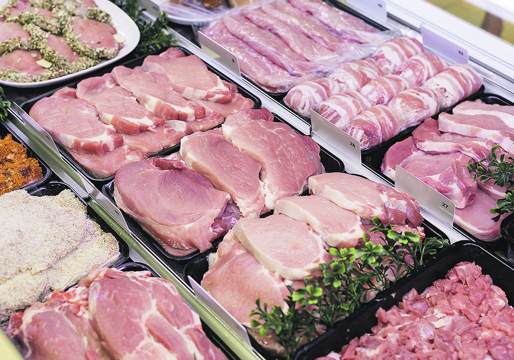 A meat counter in a butcher shop.