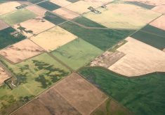 An aerial photo of prairie farmland.