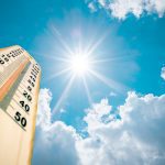 A low-angle photo of a thermometer with the sun above in a mostly-blue sky.