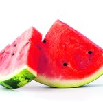 Two slices of bright red watermelon with several black seeds visible.