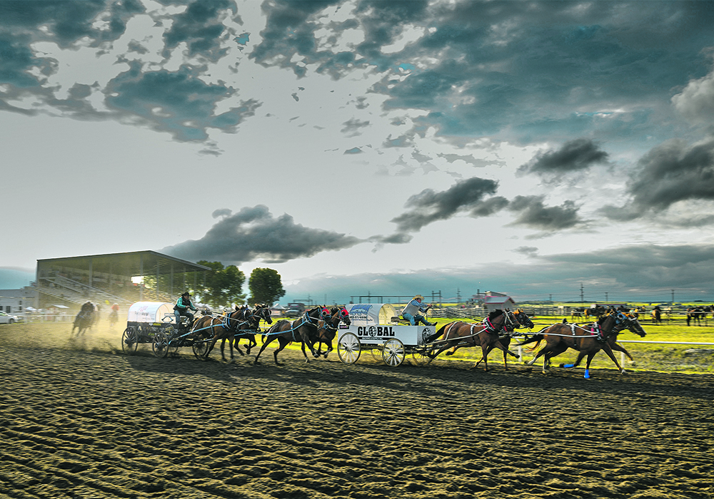 Chuckwagons round the first bend of the sixth race. | Mike Sturk photo.
