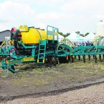 Lemken displayed its Equalizer drill at the Ag in Motion farm show near Langham, Sask., in July. The prototype on display used a mounted product tank, but production drills will use a tow-between or tow-behind cart. | Scott Garvey photo