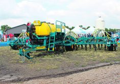 Lemken displayed its Equalizer drill at the Ag in Motion farm show near Langham, Sask., in July. The prototype on display used a mounted product tank, but production drills will use a tow-between or tow-behind cart.  |  Scott Garvey photo