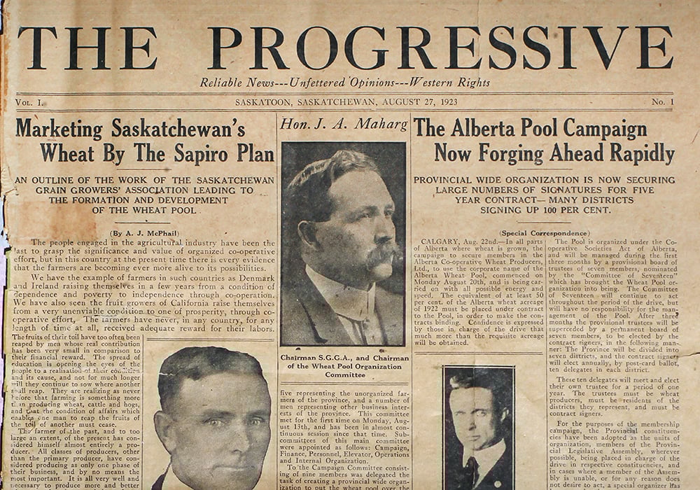 A photo of the cover of the first The Progressive newspaper from August 27, 1923.