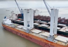 A dry bulk ship owned by Cargill sits at dock after having been fitted with special sails.