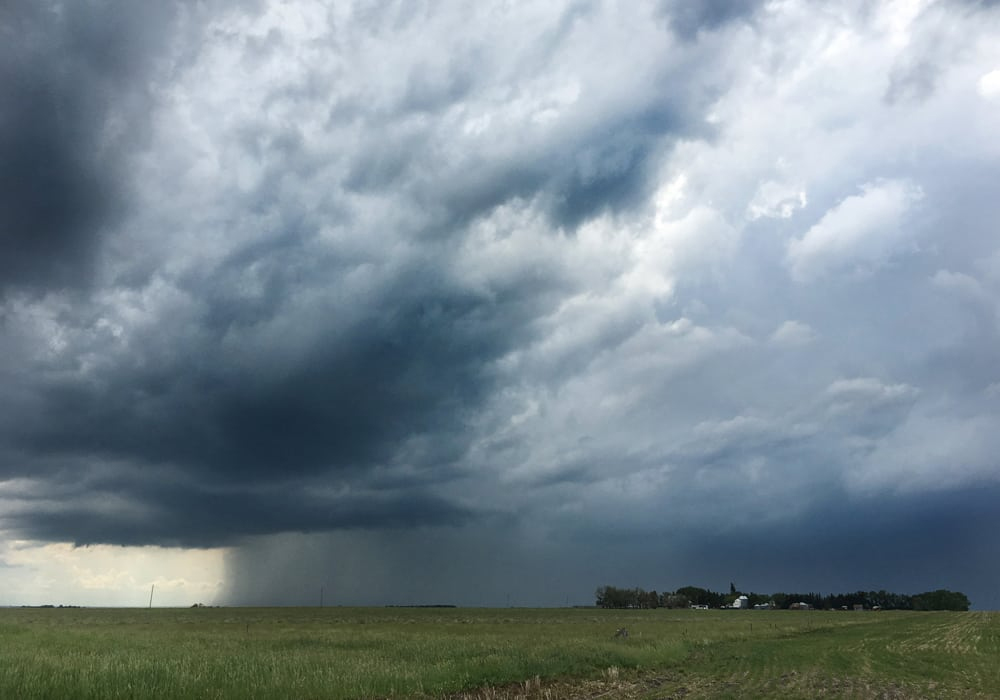 A large storm cloud dumps rain in the distance.