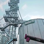 A large AGI grain storage system on the Ag in Motion show site near Langham, Sask.