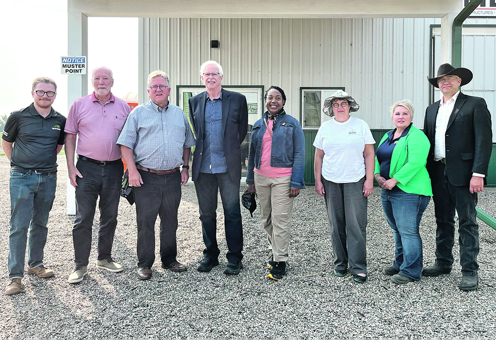 The Senate agriculture committee visited the Discovery Farm at Langham, Sask. From left to right, Blake Weiseth, Senator Brent Cotter, Senator Robert Black, Senator David M. Arnot, Senator Sharon Burey, Senator Paula Simons, Melonee Ochitwa and Rob O’Connor.  | Photo supplied by Michel Therien