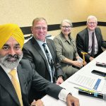 Candidates from Manitoba’s main political parties discuss their parties’ agricultural platforms during an election forum held by the Manitoba Farm Writers and Broadcasters Association Sept. 12. From left to right: Diljeet Brar, NDP; Derek Johnson, PC; Janine Gibson, Green; Neil Stewart, Liberal. | Ed White photo