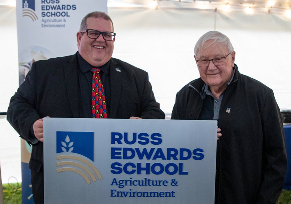 At a ceremony held in late September, the college gave its school of agriculture a new identity. It’s now known as the Russ Edwards School of Agriculture and Environment. | Screencap via twitter.com/@accmb