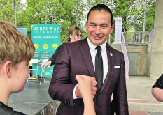 Manitoba NDP leader Wab Kinew campaigns in Winnipeg a few weeks before the election officially began.  |  Ed White photo