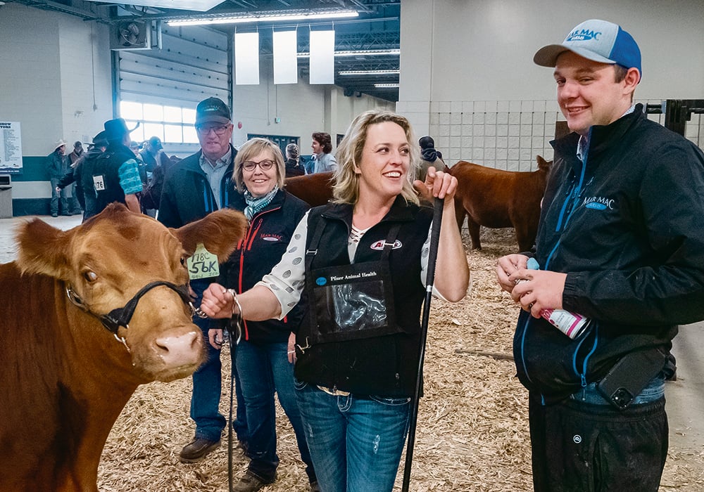 Blair, left, and Lois McRae of Mar Mac Farms southwest of Brandon look on as daughter Melissa and son Tyson chat before entering the show ring. The McRaes are one of the few farms at this year’s show that have been showing for 50 years. | Sandy Black photo
