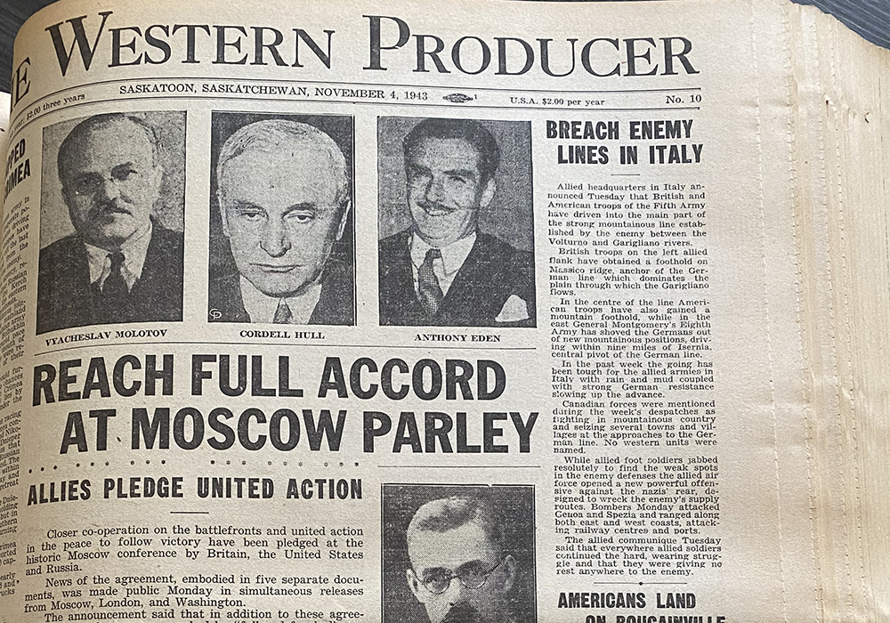 War news dominated the front page of the Nov. 4, 1943, issue of The Western Producer. | Bruce Dyck photo