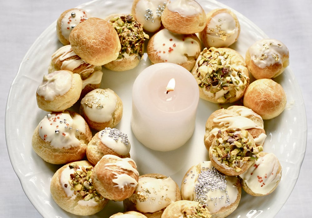 A profiterole wreath can be decorated in any manner you choose. Layer them up for a larger group.  |  Sarah Galvin photo