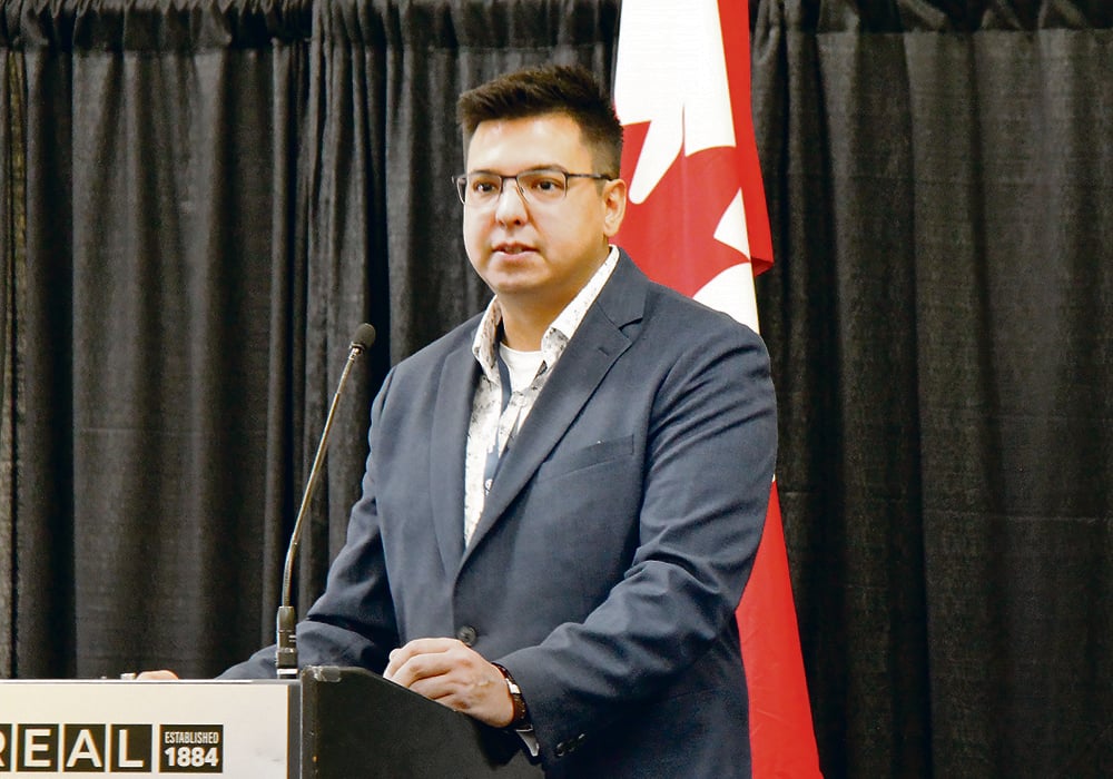 Jason Cardinal talks market gardens and tech to attendees at the Indigenous Ag Summit, held during Canadian Western Agribition in Regina.  |  Lisa Guenther photo