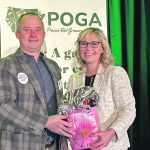 Jenneth Johanson, right, is recognized for her service as president of Prairie Oats Growers Association. With her is new president Brad Boettger. | Ed White photo