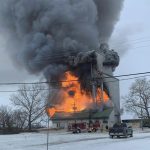 Volunteers were called in from Elbow and Davidson to the Loreburn, Sask., scene Sunday morning to help battle the fire with local firefighters, according to social media postings from the village and participating fire departments. | Screencap via Facebook/Village of Loreburn