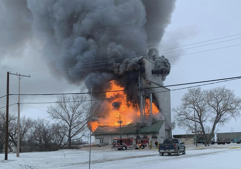 Volunteers were called in from Elbow and Davidson to the Loreburn, Sask., scene Sunday morning to help battle the fire with local firefighters, according to social media postings from the village and participating fire departments. | Screencap via Facebook/Village of Loreburn