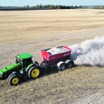 Norstar’s CKD (lime) product is applied with an Agri-Spread 170 near Falun, Alta., in the spring of 2023. | Norstar photo