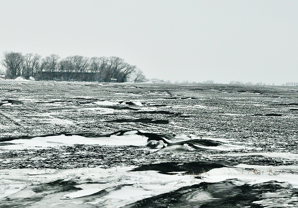 Strong winter winds played havoc last month on fields near Morden, Man. Topsoil has loosened and sits on top of snow drifts as well in the ditches.  |  Jeannette Greaves photo