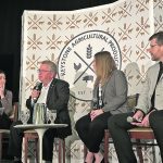 Andrea Faubert, left, of Corteva AgriScience, senator Rob Black, Gayle McLaughlin of the Canadian Canola Growers Association and Pierre Petelle of CropLife Canada participated in a panel discussion at the recent Keystone Agricultural Producers convention, in which they talked about ag research and lobbying. | Ed White photo