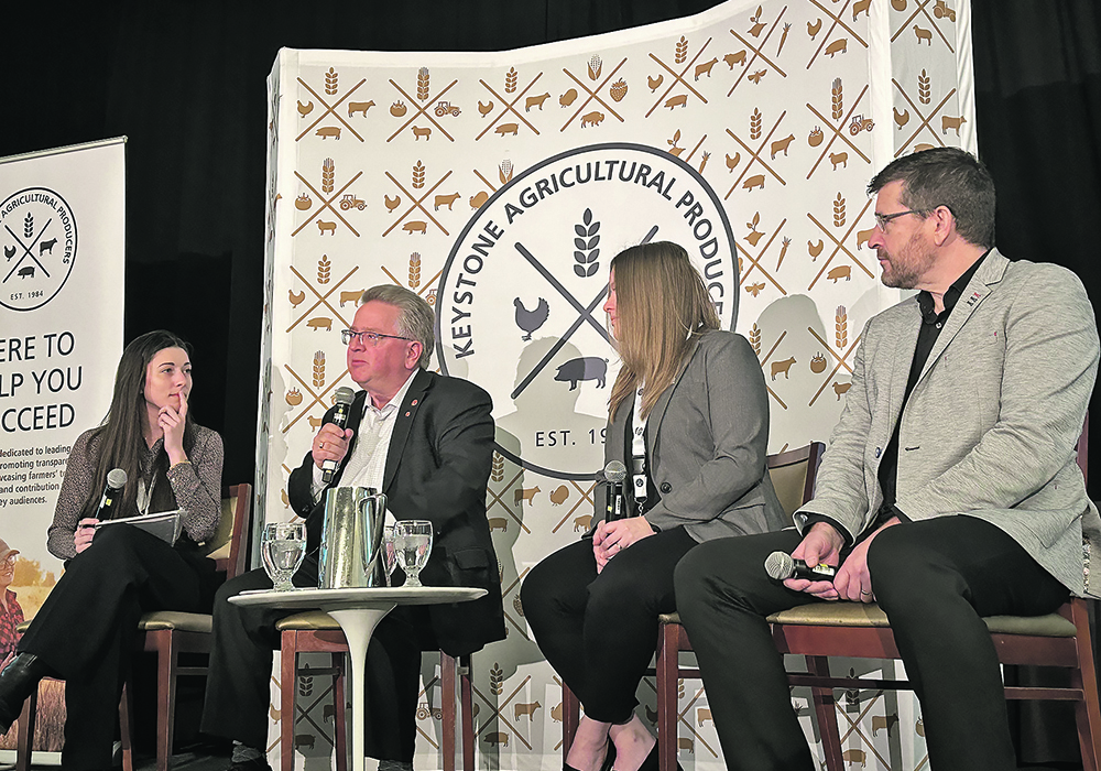 Andrea Faubert, left, of Corteva AgriScience, senator Rob Black, Gayle McLaughlin of the Canadian Canola Growers Association and Pierre Petelle of CropLife Canada participated in a panel discussion at the recent Keystone Agricultural Producers convention, in which they talked about ag research and lobbying.  |  Ed White photo