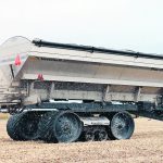 Unverferth’s Pro-Force dry fertilizer spreaders get new undercarriages for the 2024 model year, with tandem axles mounted on a walking beam or 42-inch wide rubber belts for maximum flotation. | Unverferth photo