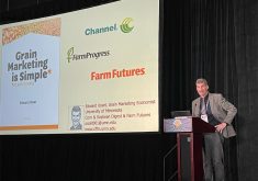 Ed Usset, grain marketing economist with the University of Minnesota, tells growers attending the 2024 Commodity Classic conference to stick with a strategy of pricing grain pre- and post-harvest because it delivers far better results than marketing it at harvest time. | Sean Pratt photo