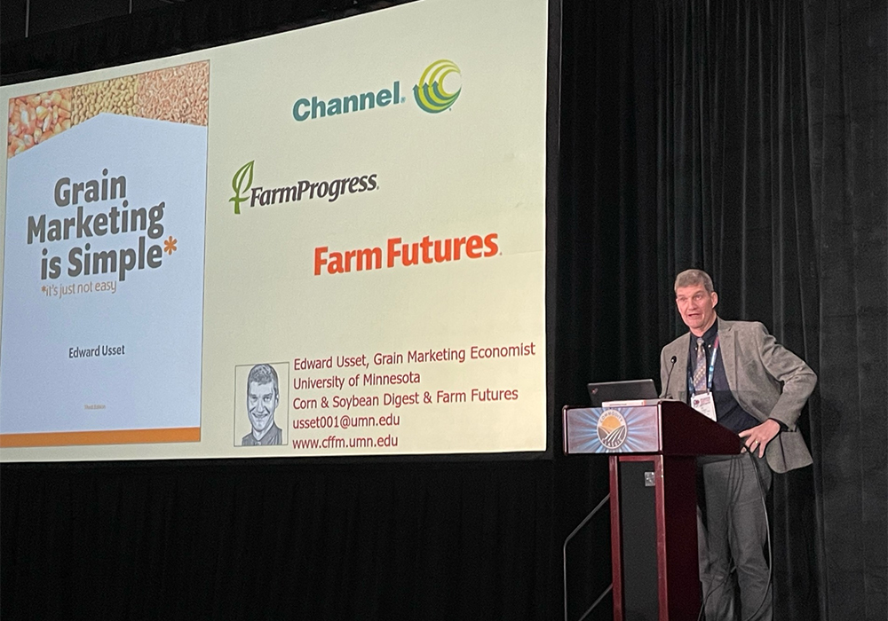 Ed Usset, grain marketing economist with the University of Minnesota, tells growers attending the 2024 Commodity Classic conference to stick with a strategy of pricing grain pre- and post-harvest because it delivers far better results than marketing it at harvest time. | Sean Pratt photo