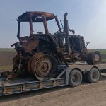 Members of the Ukrainian Agri Council brought agricultural equipment destroyed by Russian troops to the Uhryniv checkpoint on the border of Ukraine and Poland to show Polish protestors the conditions they have had to work in entering the third year of the war. | Ukrainian Agri Council photo