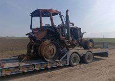Members of the Ukrainian Agri Council brought agricultural equipment destroyed by Russian troops to the Uhryniv checkpoint on the border of Ukraine and Poland to show Polish protestors the conditions they have had to work in entering the third year of the war. | Ukrainian Agri Council photo
