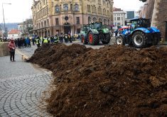 Czech farmers, in their third protest since mid-February, rolled into Prague early March 7 in hundreds of tractors, lining streets and a river road leading to the government offices, bringing traffic to a standstill in several spots. Police said farmers dumped manure in front of government headquarters, leading to one arrest. | Reuters / Eva Korinkova photo