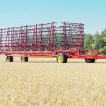 Despite its very wide working width, the XR8 harrow bars fold up to about the same transport width as the previous XR7 Series. | Bourgault photo