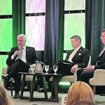 Former prime minister Stephen Harper, left, Saskatchewan export minister Jeremy Harrison and Saskatchewan premier Scott Moe participate in a panel discussion during the Food, Fuel and Fertilizer summit held in Regina last week. | Karen Briere photo