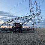 A farmer in southeast Saskatchewan was fortunate to walk away uninjured after his seeding rig hit a large SaskPower transmission tower Wednesday afternoon. | Screencap via Twitter/@BHryniuk