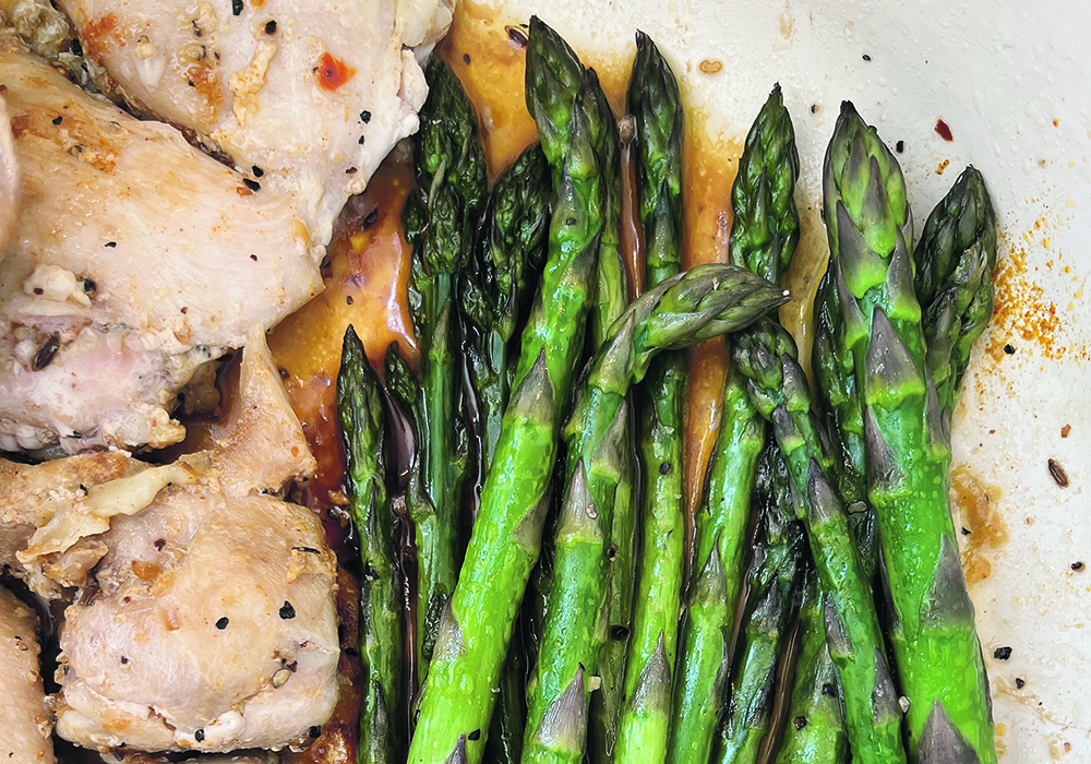 Chicken and asparagus share a skillet for an amazing flavour
production. | Jodie Mirosovsky photo