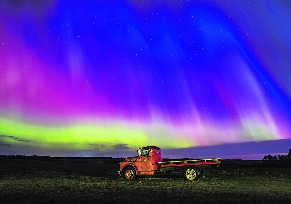 The authors moved a 1951 Fargo truck into their pasture and gave it a new lease on life as a prop for night photography, including this year’s spectacular northern lights show.  |  Robin & Arlene Karpan photo