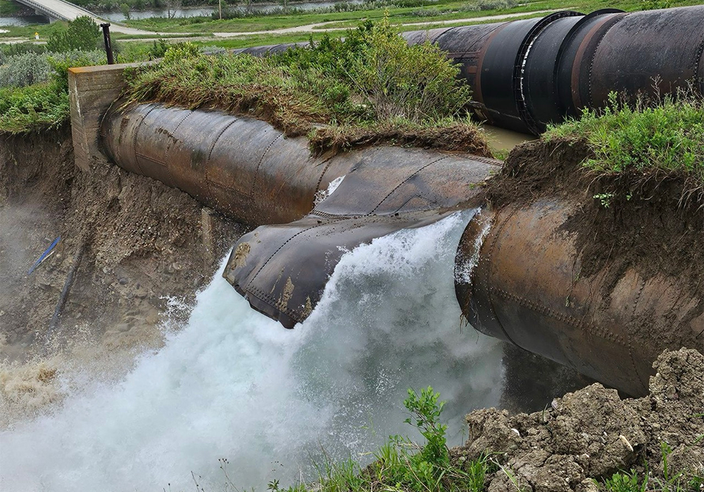 According to an email sent by Mary Lupwayi, Milk River Watershed Council program coordinator, the failure occurred at the St. Mary siphon over the St. Mary River near Babb, Montana. Crews with the U.S. Bureau of Reclamation were inspecting a crack at the time of the incident. No injuries were reported. | Bureau of Reclamation, Montana Area Office photo