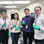 Mina Movasaghi, left, Shiva Aminian, Lifeng Zhang and Mehdi Heydari Foroushani are part of the egg decontamination research team at the University of Saskatchewan’s Canadian Light Source. | Victoria Schramm/Canadian Light Source photo