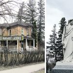 Margaret Laurence House, left, can be found in Neepawa, Man., while a statue in Riverside Cemetery is popularly believed to have inspired Laurence’s book, The Stone Angel. | Donna Gamache photos