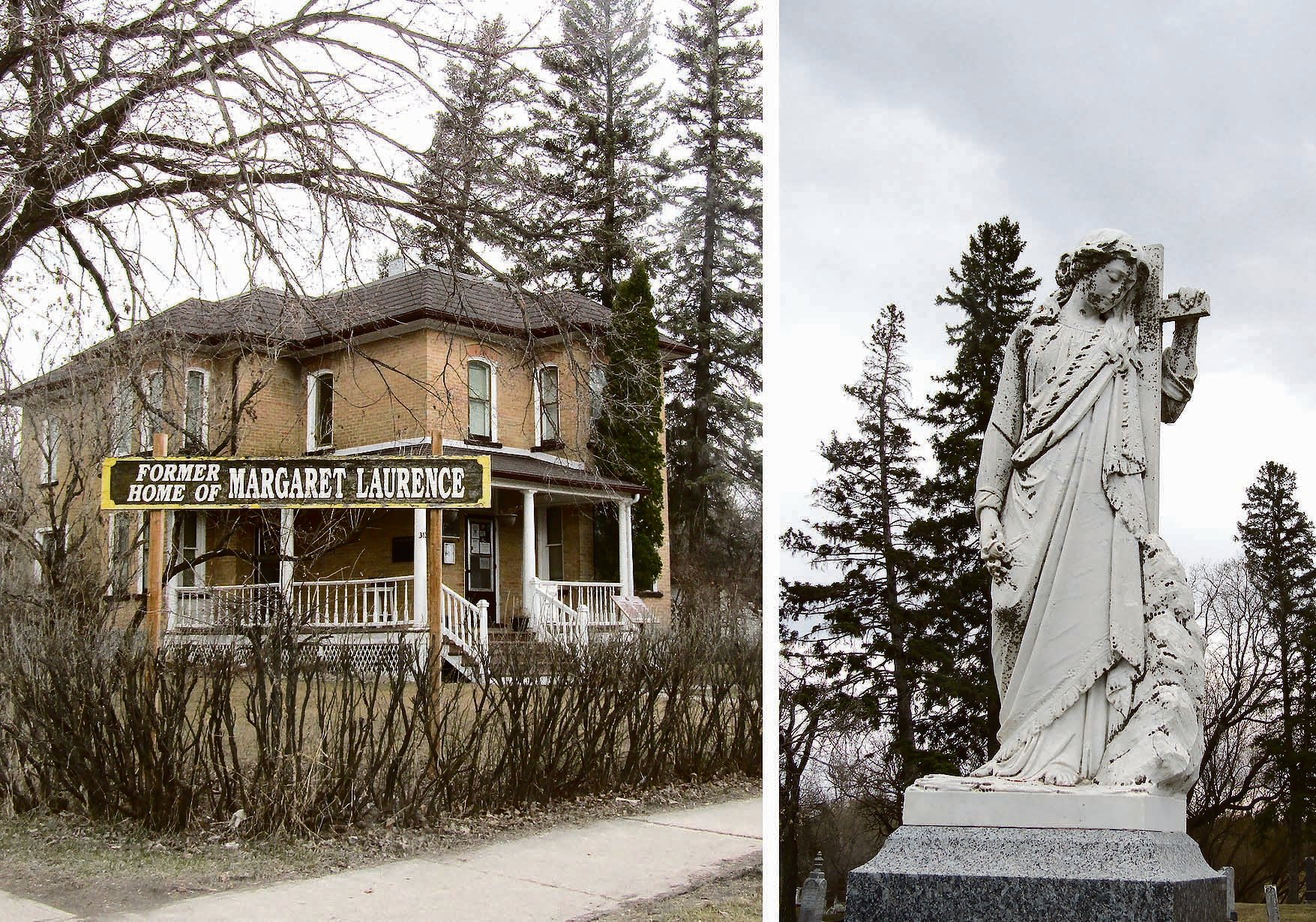 Margaret Laurence House, left, can be found in Neepawa, Man., while a statue in Riverside Cemetery is popularly believed to have inspired Laurence’s book, The Stone Angel.  |  Donna Gamache photos