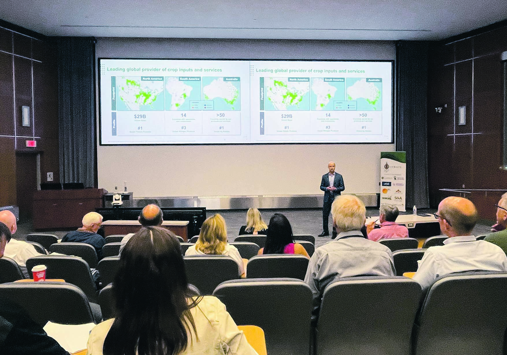 Jason Newton, chief economist and head of market research with Nutrien, provides a global crop market outlook to delegates attending the International Farm Management Association Congress in Saskatoon earlier this week.  |  Sean Pratt photo
