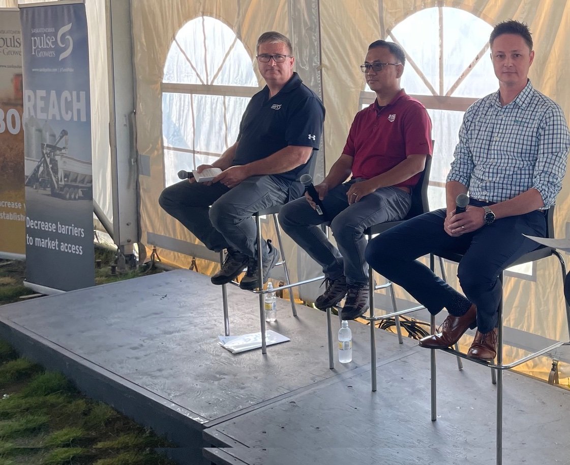 Left to right: Brad Blackwell, SPG director, Benzon Lorenzana, Limagrain, and Brent Derkatch, Canterra Seeds participate in a panel discussion at Ag In Motion regarding pulse breeding. | Sean Pratt photo